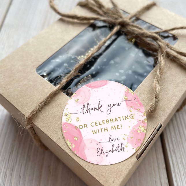 Adesivo Redondo Tinta Dourada de Aquarela Rosa Moderna, Rapariga O (Criador carregado)