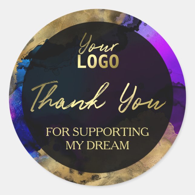 Adesivo Redondo Tinta Dourada E Azul Agradecemos Sua Compra (Frente)