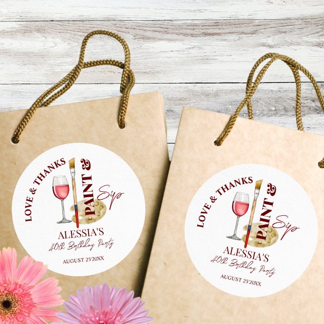 Adesivo Redondo Tinta e beba vinho e favoritos para festas temátic (Paint and sip wine and art themed birthday party favors thank you favor stickers)