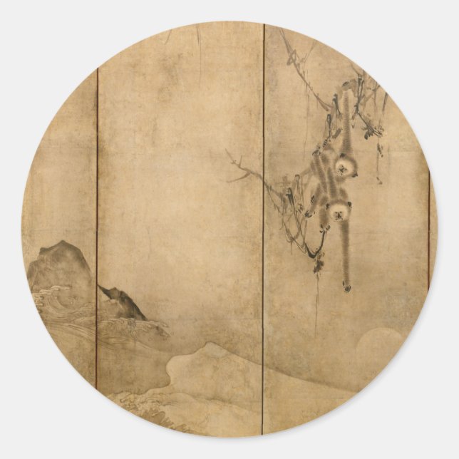 Adesivo Redondo Tinta japonesa em papel Gibbons Primados e Paisage (Frente)