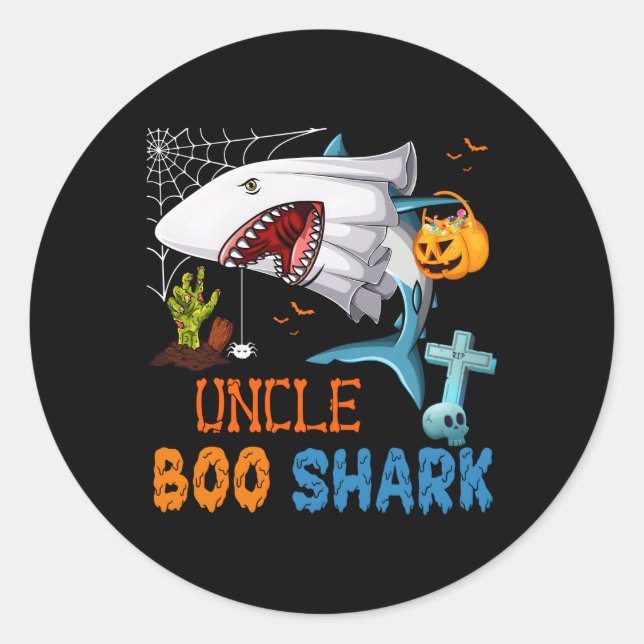 Adesivo Redondo Tio Boo Shark Halloween Tubarão Fantasma Com Abóbo (Frente)