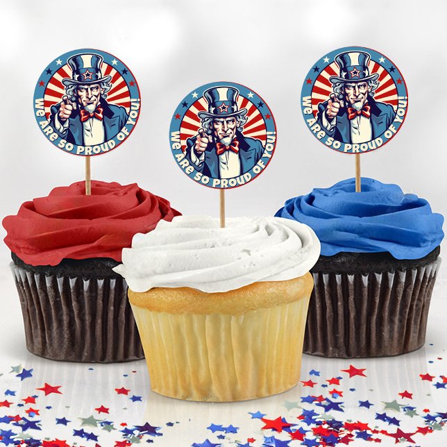 Adesivo Redondo Tio Sam Militares Saindo Festas Cupcakes (Cute vintage uncle sam cartoon patriotic military proud YOU going away farewell party cupcake picks)