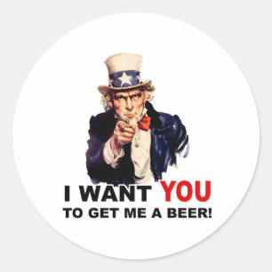 Adesivo Redondo Tio Sam QUERO QUE VOCÊ ME PEGUE UMA CERVEJA