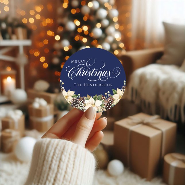 Adesivo Redondo Tipografia branca Natal Poinsettia azul (Criador carregado)