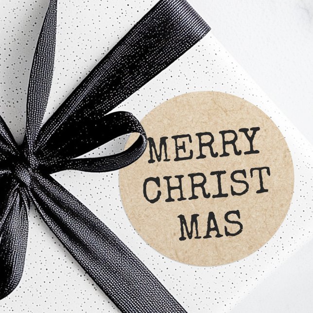 Adesivo Redondo Tipografia da máquina de escrever Feliz Natal Kraf (Merry Christmas typewriter typography Kraft look Classic Round Sticker)