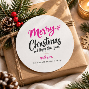 Adesivo Redondo Tipografia de Script Feliz Natal Rosa Preto