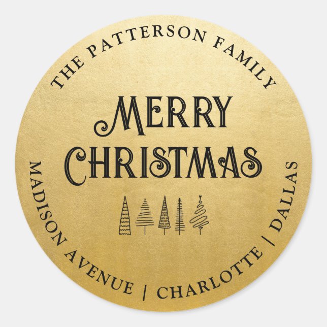 Adesivo Redondo Tipografia Dourada de Feliz Natal | Endereço de de (Frente)