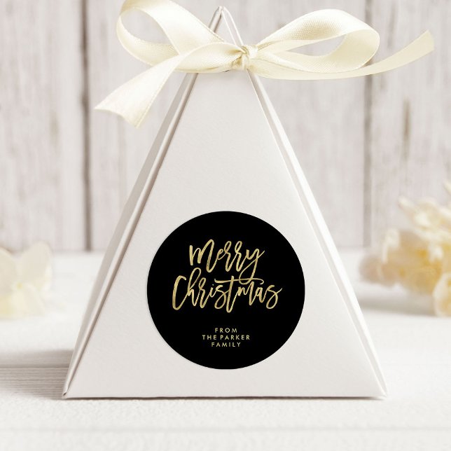 Adesivo Redondo Tipografia Dourada Moderna Faux | Feliz Natal (Modern faux gold typography Christmas stickers on black)
