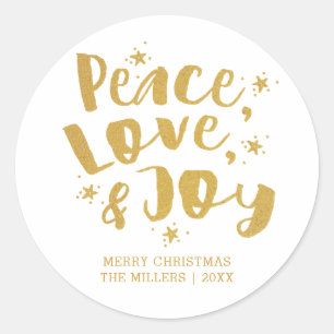 Adesivo Redondo Tipografia Dourada Paz Amor & Alegria Férias Natal