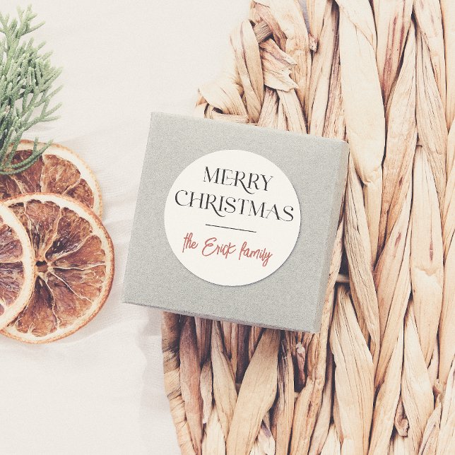 Adesivo Redondo Tipografia Elegante Feliz Natal e Nome da Família (Criador carregado)