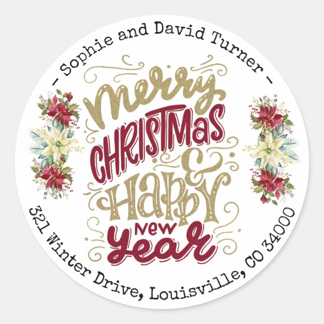 Adesivo Redondo Tipografia Feliz Natal Ano Novo Charmoso (Frente)