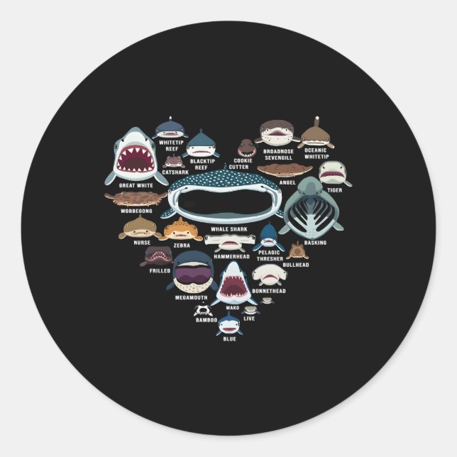 Adesivo Redondo Tipos De Tubarão De Identificação De Tubarão Enfre (Frente)