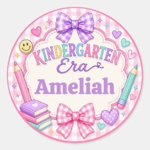 Adesivo Redondo Tira de Kindergarten Préppy Rosa Xadrez Nome