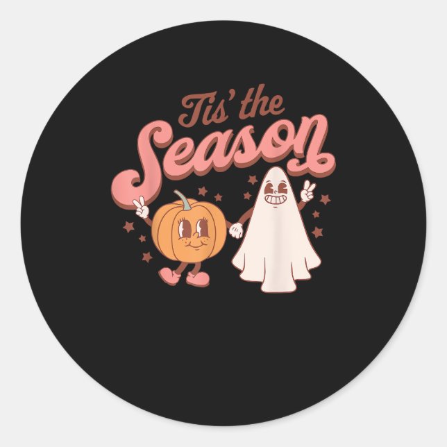 Adesivo Redondo Tis The Season Pumpkin Boo 60s 70s Halloween Costu (Frente)