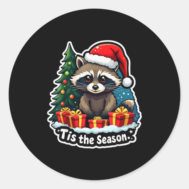Adesivo Redondo Tis The Season Racoon Christmas Tree Festive Xmas  (Frente)