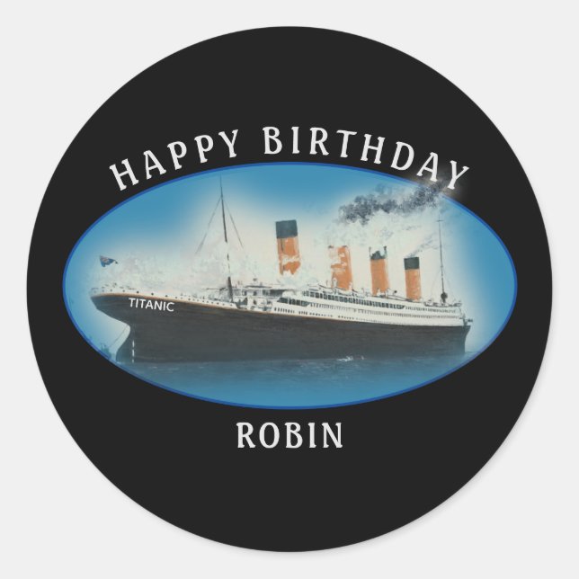 Adesivo Redondo Titanic Birthday Black RMS White Star Line Ship (Frente)