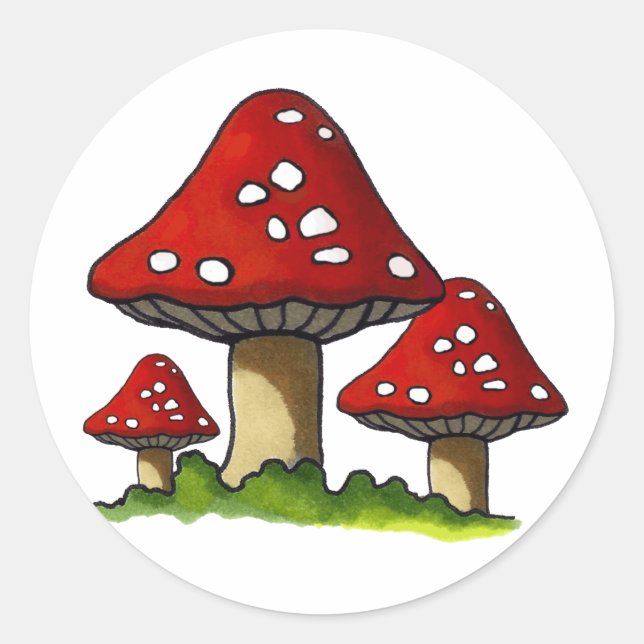 Adesivo Redondo Toadstools Vermelho, Cogumelo: Arte em Mão Livre (Frente)