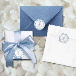 Adesivo Redondo Toalha Azul e Branco Elegante Floral Chá de Noiva