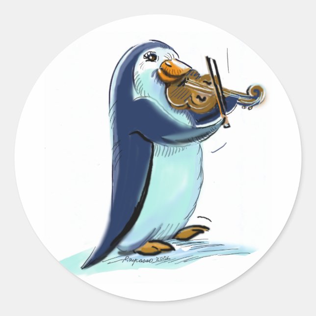 Adesivo Redondo tocador de violino penquim (Frente)