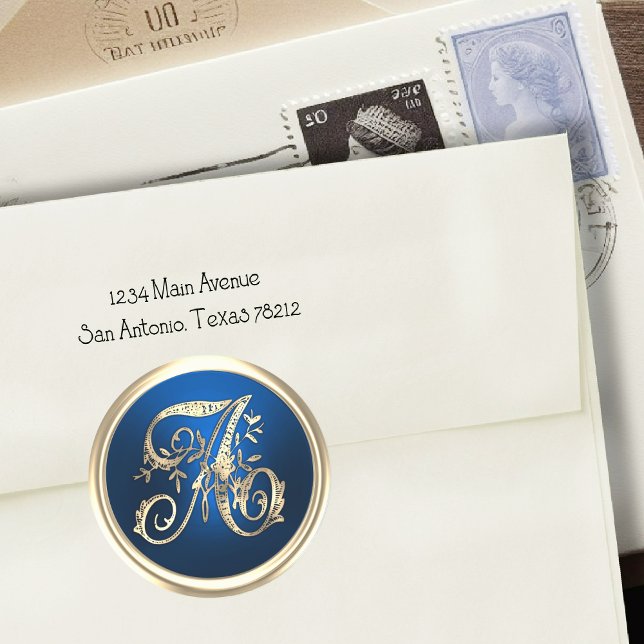 Adesivo Redondo Todas as Iniciais Douradas de Monograma Azul (Criador carregado)