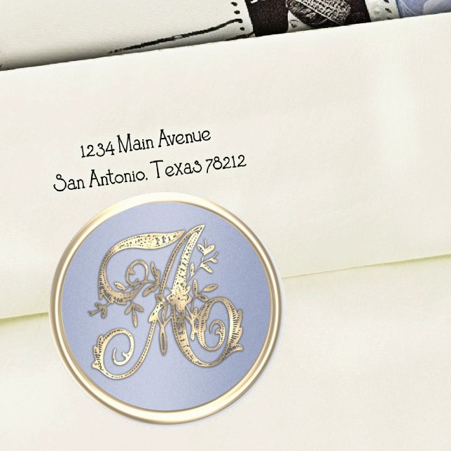 Adesivo Redondo Todas as Iniciais Douradas Monograma Bonito Azul (Criador carregado)