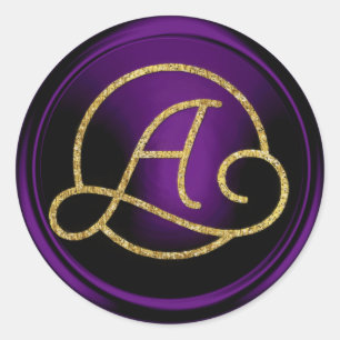 Adesivo Redondo TODAS AS INICIAIS Monograma Círculo Dourado Roxo E