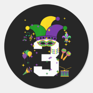 Adesivo Redondo Toddler aniversário de 3 anos Mardi Gras Pensava Q