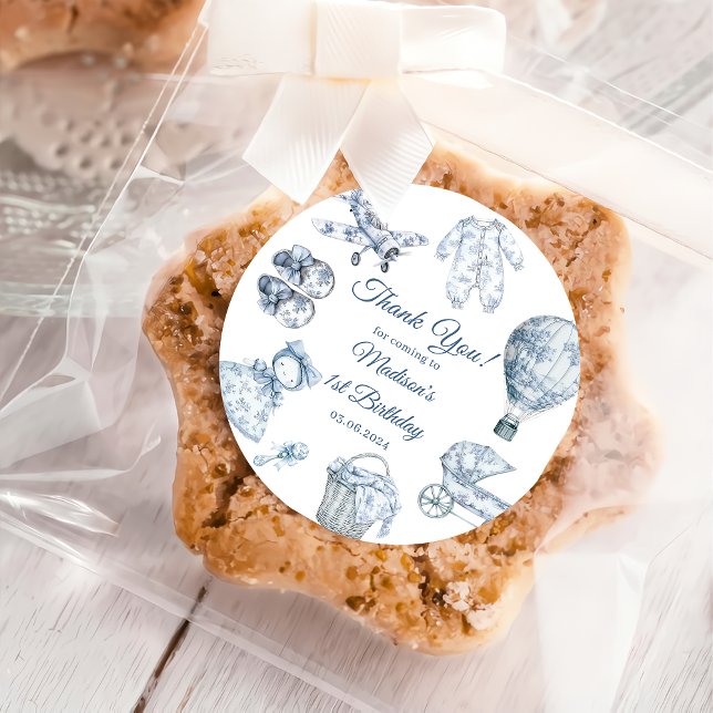 Adesivo Redondo Toile De Jouy Blue Birthday Party  (Criador carregado)