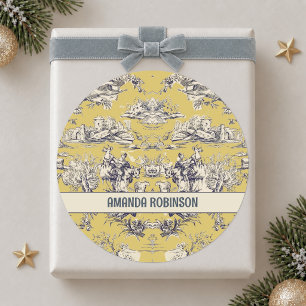 Adesivo Redondo Toile de Jouy monograma floral vintage amarelo lag