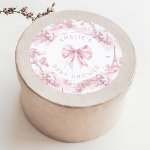 Adesivo Redondo Toile de Jouy Paris Laço Rosa Baby Shower