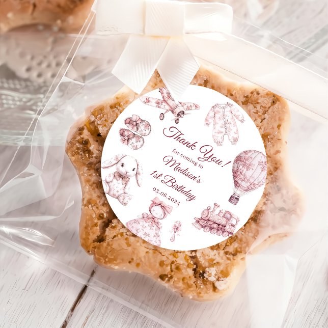 Adesivo Redondo Toile De Jouy Pink Birthday Party  (Criador carregado)