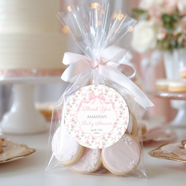 Adesivo Redondo Toile De Jouy Pink Bow Girl Baby Shower (Criador carregado)