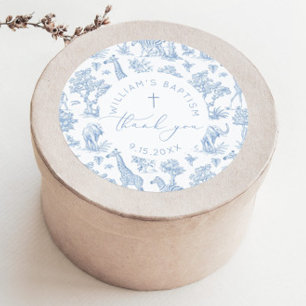 Adesivo Redondo Toile de Jouy Safari Boy Batismo Obrigado