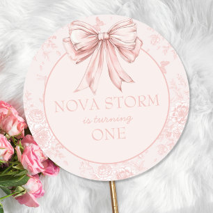 Adesivo Redondo Toile Whimsy Festa de aniversário rosa personaliza