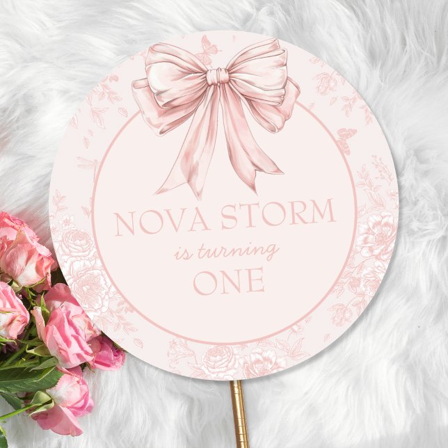 Adesivo Redondo Toile Whimsy Festa de aniversário rosa personaliza (Criador carregado)