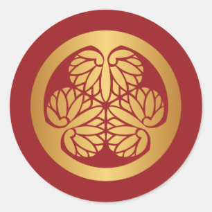 Adesivo Redondo Tokugawa Aoi Mon Japão Crest Dourado em Vermelho