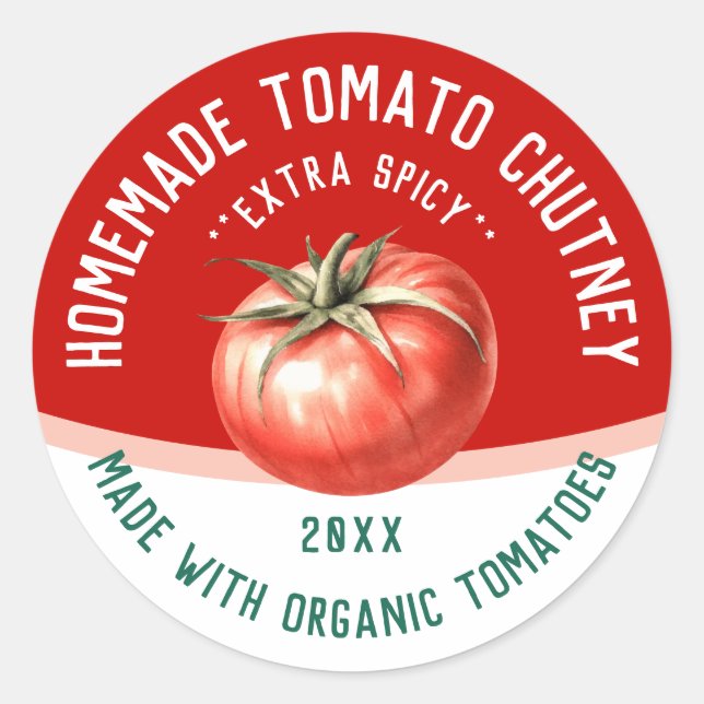 Adesivo Redondo Tomate Chutney, artesanal, com tomate vermelho (Frente)