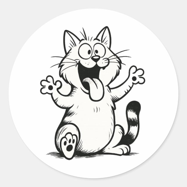 Adesivo Redondo "Tongue Out, Paws Up!" – Funny Cartoon Cat (Frente)