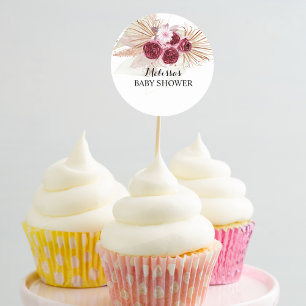 Adesivo Redondo Toppers de cupcake de grama Pampas Boho Burgundy