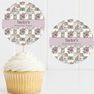 Adesivo Redondo Toppers de Cupcake Personalizados com Xadrez Flora