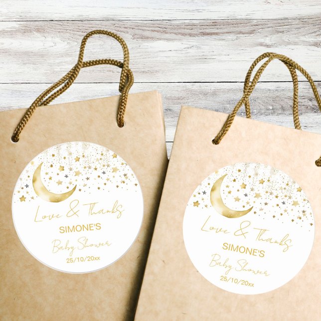 Adesivo Redondo Torção brilhando pequeno chá de fraldas de estrela (Twinkle twinkle little star baby shower thank you favor sticker gold moon stars thank you stickers)