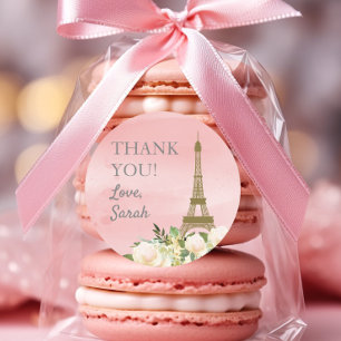 Adesivo Redondo Torre Eiffel de Ouro Rosa de Aniversário Obrigado