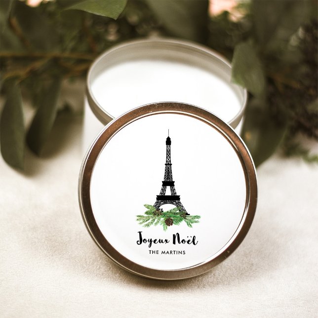 Adesivo Redondo Torre Eiffel e pino | Modern Joyeux Noel (An elegant French Christmas sticker with the Eiffel Tower)