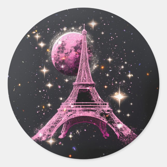 Adesivo Redondo Torre Eiffel Noite Lua           (Frente)