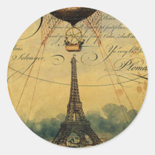 Adesivo Redondo Torre Eiffel Steampunk e balão de ar quente