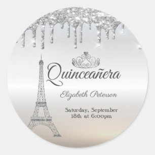 Adesivo Redondo Torre Eiffel, Tiara, Gotas de Prata Quinceañera