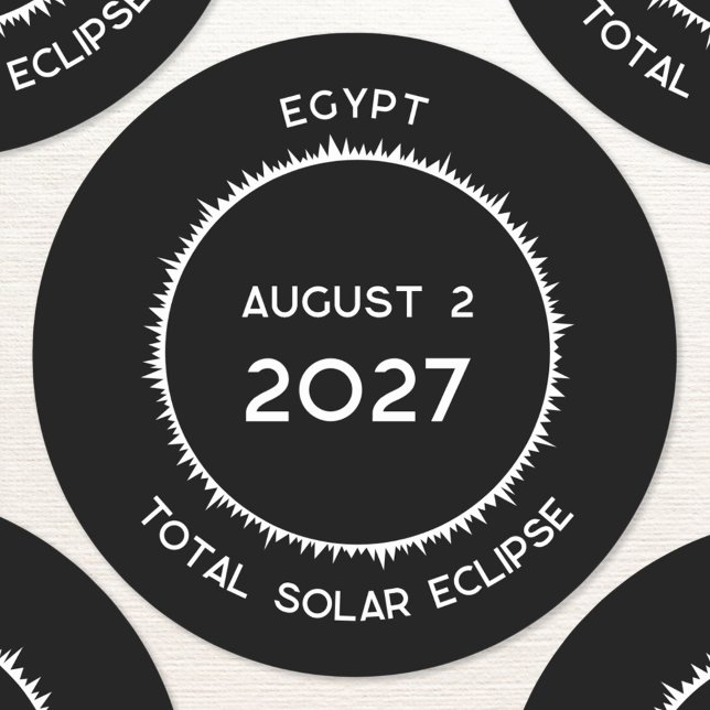 Adesivo Redondo Total de Eclipse Solar 2027 Egito (Total solar eclipse August 2nd 2027 Egypt custom text sticker)