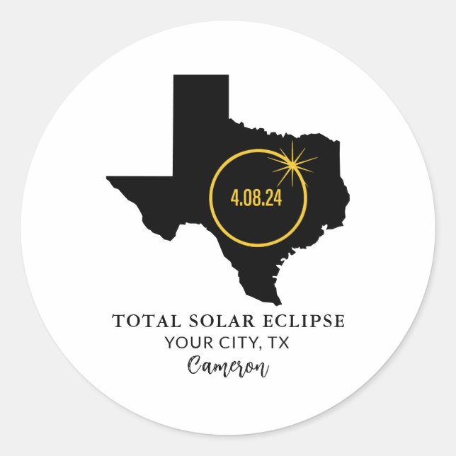 Adesivo Redondo Total Solar Eclipse 2024 Custom Name, City Texas (Frente)