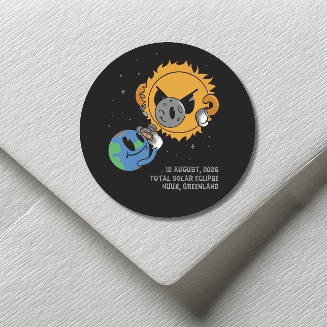 Adesivo Redondo Total Solar Eclipse 2026 Greenland Photobomb (Edit city or other text to personalize.  All text editable.  Matching items available)