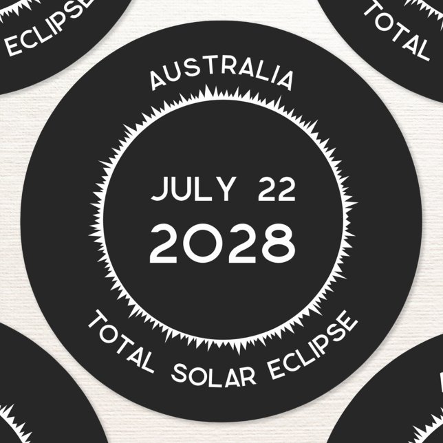 Adesivo Redondo Total Solar Eclipse 2028 Austrália (Total solar eclipse july 22nd 2028 Australia custom text sticker)
